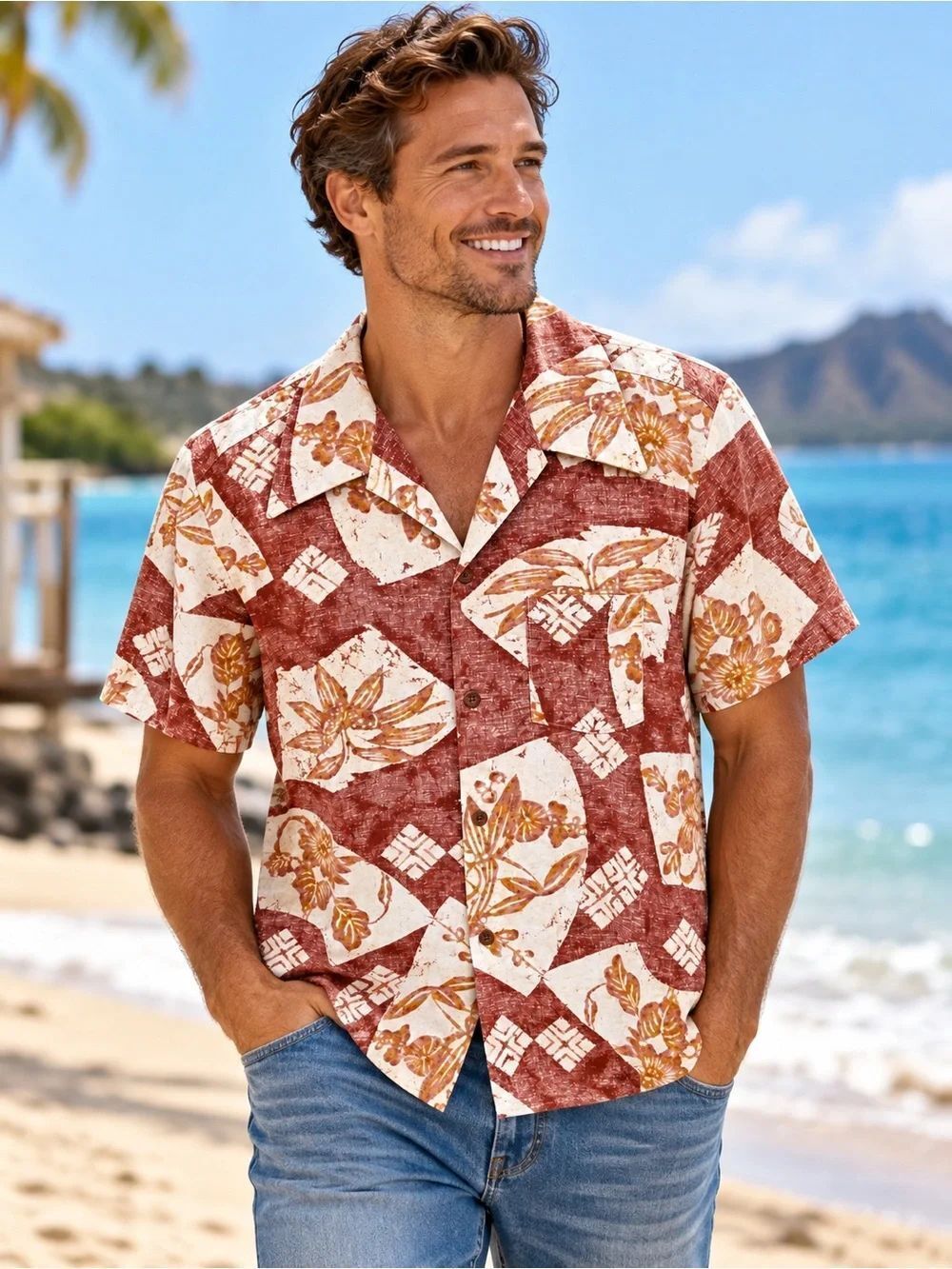 Duke Kahanamoku Brown Hawaiian Button-Down Short Sleeve Shirt Large Vintage